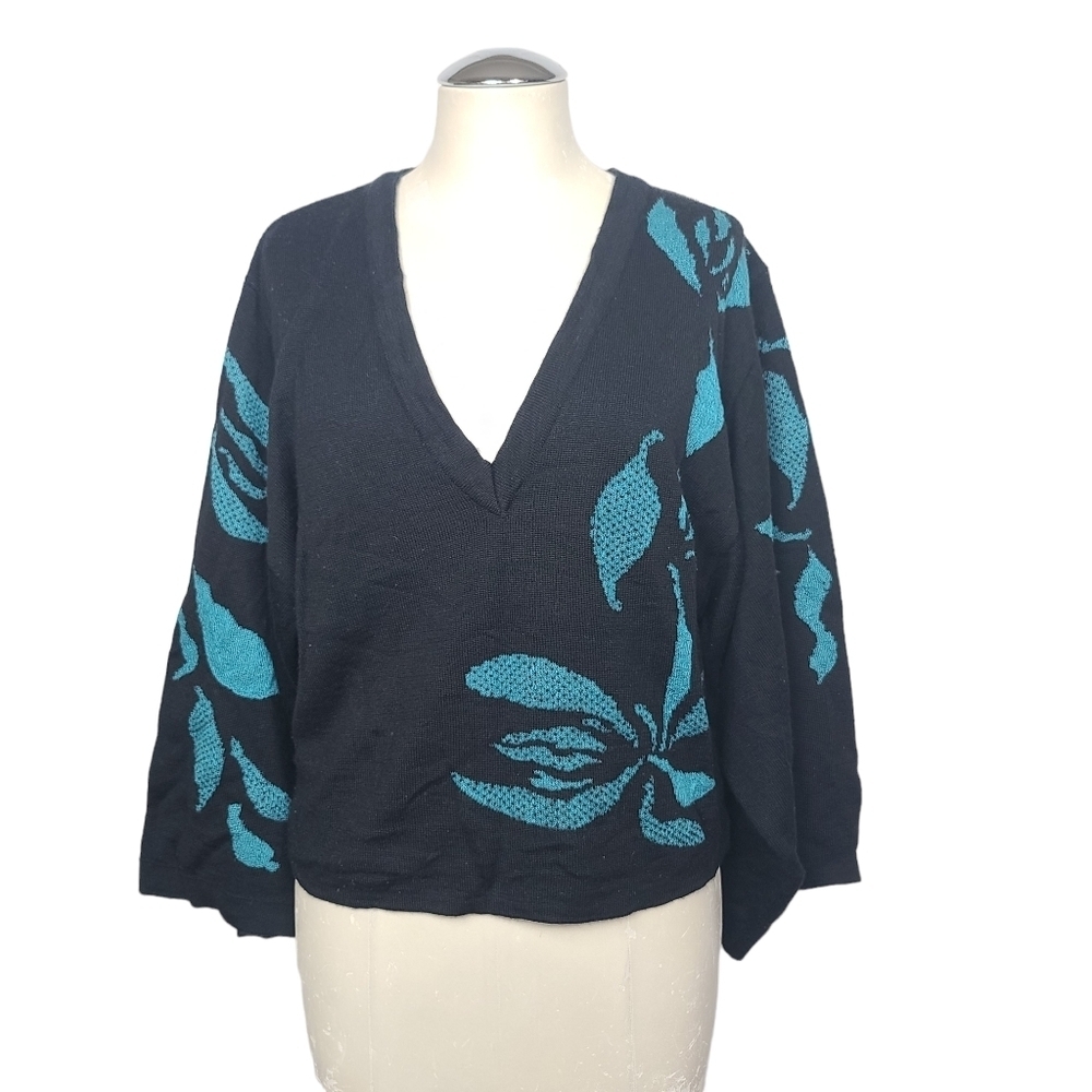 David Dart Collection V Neck Black & Teal Wide Sleeve Sweater L